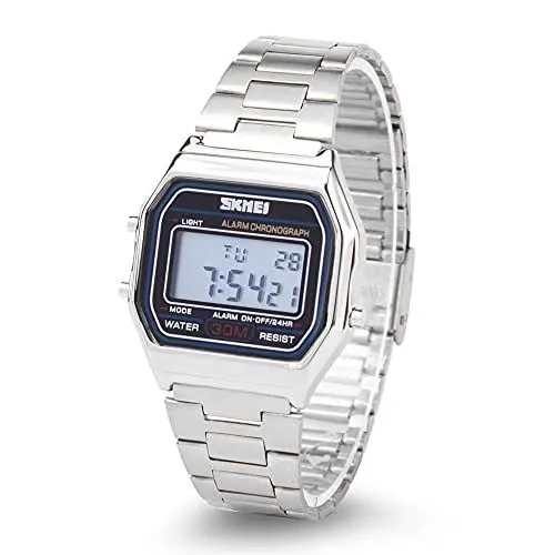 Produktbild: Brrnoo Elektronische Uhr, 3Farben Digitale LED Hintergrundbeleuchtung Elektronische Edelstahlarmbanduhr Rechteckige Armbanduhr,Wasserdicht,Unisex(Silber)