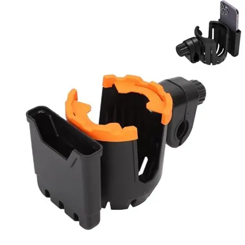 Produktbild: Brrnoo Kinderwagen-Getränkehalter, Universeller Kinderwagen-Getränkehalter, Getränke- und Kaffeetassenhalter mit Telefonhalter, 360-Grad-Drehung, Flaschenhalter, Getränkehalter,(Schwarz-Orange)