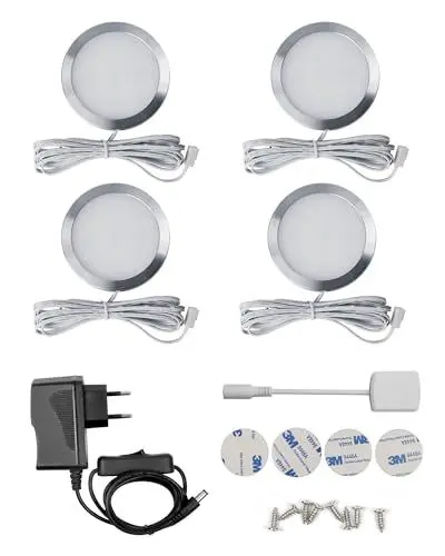 Produktbild: BRTech 4 Stück Unterbauleuchte Küche LED mit Kabel, 6000K Weiß Rund Schrankbeleuchtung Durchmesser 59.36 mm, Vitrinenbeleuchtung LED für Küche, Schränke, Kleiderschrank, Treppe, Flur, Schlafzimmer