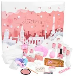 Produktbild: BRUBAKER Cosmetics Beauty Adventskalender 2024 - der XXL Wellness Weihnachtskalender für Frauen und Mädchen - 24 x Körperpflege Produkte & Spa Accessoires - Städte Wahrzeichen Rosa