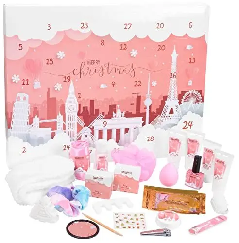 Produktbild: BRUBAKER Cosmetics Beauty Adventskalender 2024 - der XXL Wellness Weihnachtskalender für Frauen und Mädchen - 24 x Körperpflege Produkte & Spa Accessoires - Städte Wahrzeichen Rosa
