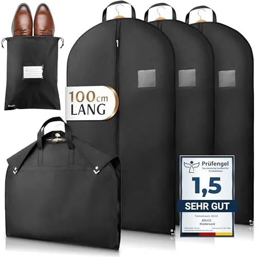 Produktbild: Bruce.® 3x Kleidersack Kurz 100x60cm inkl. 1x Schuhbeutel – Atmungsaktive Kleiderhülle für Anzug, Jacke & Hemd – 120 GSM Materialstärke – Anzugtasche für Reisen & Aufbewahrung