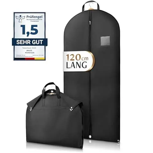 Produktbild: Bruce.® Kleidersack Kurz 120x60 cm – Hochwertige Kleiderhülle für Anzug, Blazer, Kostüm & Kleid – 120 GSM Materialstärke – Anzugtasche für Reisen & Aufbewahrung