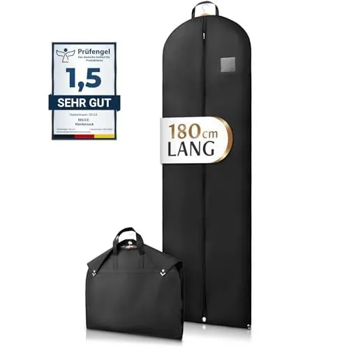 Produktbild: Bruce.® Kleidersack Lang 180x60 cm – Extra langer Kleidersack für Brautkleid, Ballkleid & Abendrobe – 120 GSM Materialstärke – Atmungsaktive Hülle für Schutz & Lagerung