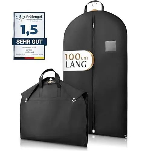 Produktbild: Bruce.® Kleidersack Kurz 100x60cm – Atmungsaktive Kleiderhülle für Anzug, Jacke & Hemd – 120 GSM Materialstärke – Anzugtasche für Reisen & Aufbewahrung
