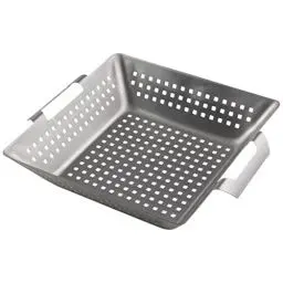 Produktbild: Bruzzzler Grill-Korb aus Edelstahl, für Grill und Backofen, Edelstahlkorb, Barbecue Korb, bräunt Fleisch, Fisch und Gemüse gleichmäßig, einfache Reinigung in der Spülmaschine, 28 x 34 x 7 cm, Silber