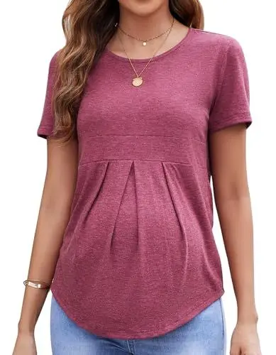 Produktbild: Brynmama Umstandstop vorderer Falte Peplum Tunika Kurzarm Rundhalsausschnitt Schwangerschafts Top Umstandsshirt