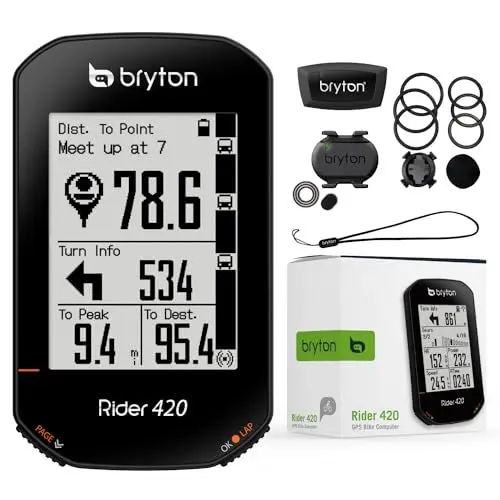 Produktbild: Bryton Rider 420 Sensor Bundle Kabelloser GPS-Fahrradcomputer zur Aufzeichnung von Strecken und Daten, mit Straßennamennavigation und Unterstützung mehrerer Sprachen