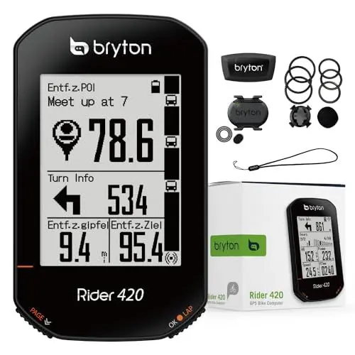 Produktbild: Bryton Rider 420 Sensor Bundle Kabelloser GPS-Fahrradcomputer zur Aufzeichnung von Strecken und Daten, mit Straßennamennavigation und Unterstützung mehrerer Sprachen, Schwarz