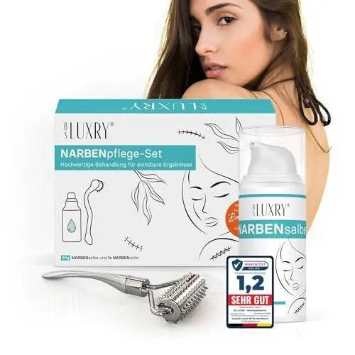 Produktbild: BS Luxry® Hochwertiges Narbenpflege-Set – 30 g Narbensalbe & 1 Narbenroller – Effektive Narbenbehandlung, Verringert Gewebespannung & Juckreiz – 3-fach Wirkprinzip für Narben aller Art