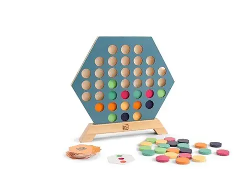 Produktbild: BS Toys Gesellschaftsspiel 3-in-Einer-Reihe - Variante von Vier gewinnt -Hexagonales Strategiespiel aus Holz mit umdrehbaren Karten - Für Kinder ab 5 Jahren und älter - 2-4 Spieler