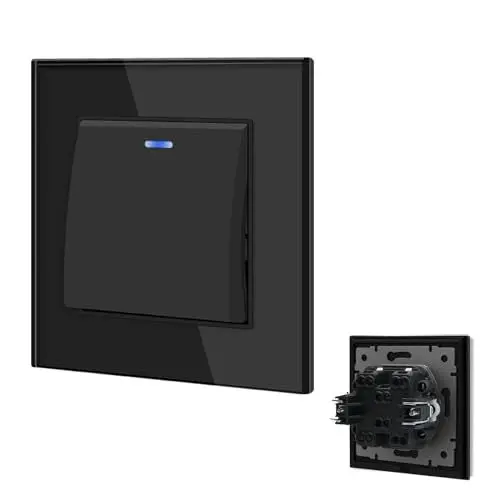 Produktbild: BSEED Lichtschalter Unterputz mit Steckklemme, Lichtschalter Glas 1 Fach 1 Weg, Taster Schalter Unterputz mit LED Kontrollleuchte, Light Switch Wandschalter für Wohnzimmer, Büro, Küche-Schwarz