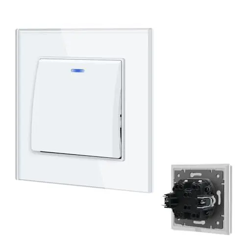 Produktbild: BSEED Lichtschalter Unterputz mit Steckklemme, Lichtschalter Glas 1 Fach 1 Weg, Taster Schalter Unterputz mit LED Kontrollleuchte, Light Switch Wandschalter für Wohnzimmer, Büro, Küche-Weiß