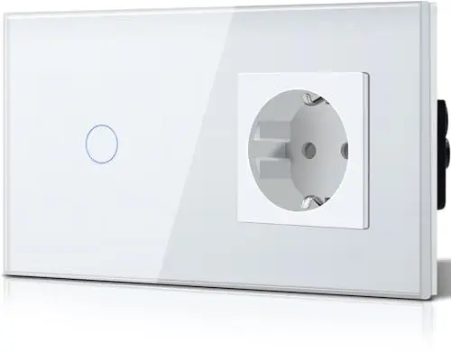 Produktbild: BSEED Lichtschalter mit Schuko Steckdose Glas, unterputz, 16 Amp CEE steckdosentresor, 1 Fach 1 Weg Touch Wandleuchtenschalter Weiss, Flacher wechselschalter, Modern, Wasserdicht Innenschalter