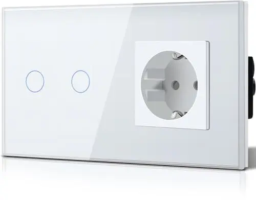 Produktbild: BSEED Lichtschalter mit Schuko Steckdose Glas, unterputz, 16 Amp CEE steckdosentresor, 2 Fach 1 Weg Touch Wandleuchtenschalter Weiss, Flacher wechselschalter, Modern, Wasserdicht Innenschalter