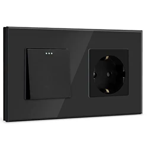 Produktbild: BSEED Lichtschalter mit Steckdose 1 Fach 1 Weg,10A Kristall Glas Platte Wandschalter mit 16A Schuko Steckdose Schwarz,Physische Unterputz Wandschalter mit Steckdose- 157mm