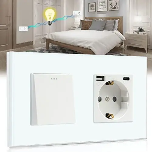 Produktbild: BSEED Lichtschalter mit Steckdose 1 Fach 2 Wege,Wandschalter mit 16A Schuko Steckdose mit USB Anschluss (Max. 2.1A) Typ C Port Weiß,Physische Unterputz Wechselschalter mit Steckdose- 157mm