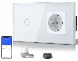 Produktbild: BSEED Normal Schuko Steckdose mit Smart Alexa Lichtchalter 16 Amp Glas WiFi Berührungssensor Wandschalter kompatibel mit Alexa und Google Home 1 Fach 1 Weg Weiß (Neutralleiter erforderlich) Weiß