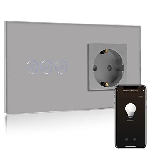 Produktbild: BSEED Normal Steckdose mit Smart Alexa Dimmer Lichtschalter,Kompatibel mit Alexa,Google Home, Glas Touchscreen-schalter,Lichtschalter 1 Fach 1 Weg 16A Steckdose Grau(Neutrale Leitung benötigt)