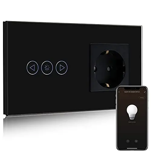 Produktbild: BSEED Normal Steckdose mit Smart Alexa Dimmer Lichtschalter,Kompatibel mit Alexa,Google Home, Glas Touchscreen-schalter,Lichtschalter 1 Fach 1 Weg 16A Steckdose Schwarz(Neutrale Leitung benötigt)