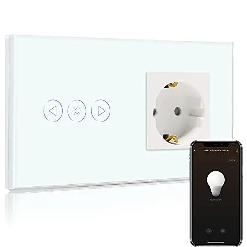 Produktbild: BSEED Normal Steckdose mit Smart Alexa Dimmer Lichtschalter Kompatibel mit Alexa,Google Home, Glas Touchscreen-schalter,Lichtschalter 1 Fach 1 Weg 16Amp Steckdose Weiß (Neutrale Leitung benötigt)