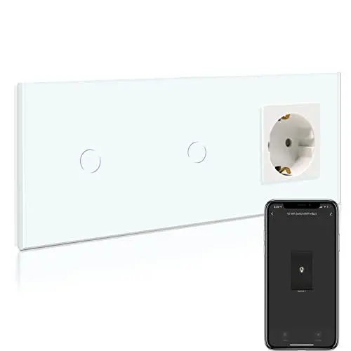 Produktbild: BSEED Normal Steckdose mit Smart Alexa Lichtschalter, Kompatibel mit Alexa,Google Home, Doppel Smart Lichtschalter mit Glas Touchscreen 1 Fach 1 Weg 16Amp Steckdose Weiß (Nullleiter benötigt)