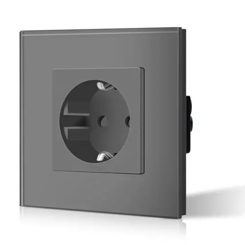 Produktbild: BSEED Schuko Normal Steckdose 1 Fach EU-Standard Einzel Unterputz Wandste mit Erdungskabel Einfache Installationckdose Kristall Glas Platte 16Amp 250V 86mm Grau