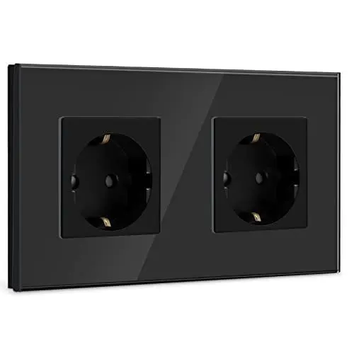 Produktbild: BSEED Schuko Steckdose 2 Fach Steckdose Glas Unterputz Steckdose,Steckdosen mit Kristall Glas Platte Doppel Wandsteckdosen 16Amp EU Standard Verlängerungssteckdosen Schwarz -157mm
