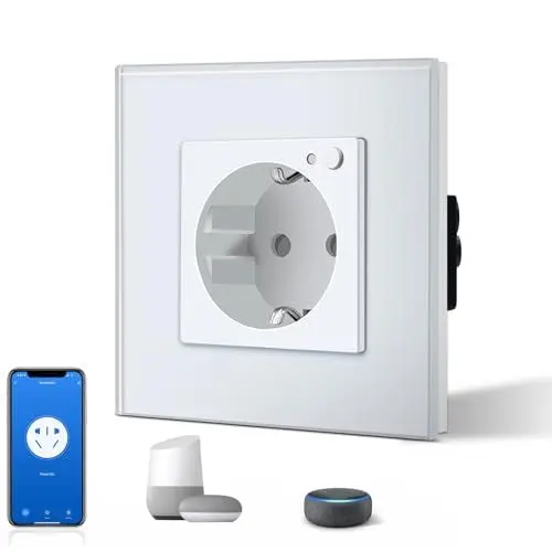 Produktbild: BSEED Schuko Wifi Steckdose 16A Smart Alexa Glassteckdose, 1 Pack 1 Weg Weiß 86mm Unterputz-Installation APP-Steuerung Arbeit mit Alexa/Google Home DIY Free Spin Nur 2.4 GHz