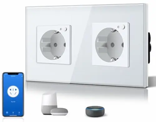 Produktbild: BSEED Schuko Wifi Steckdose 16A Smart Alexa Glassteckdose, 1 Pack Doppelsteckdose 2 Weg Weiß 157mm Unterputz-Installation APP-Steuerung Arbeit mit Alex DIY Free Spin Nur 2.4 GHz
