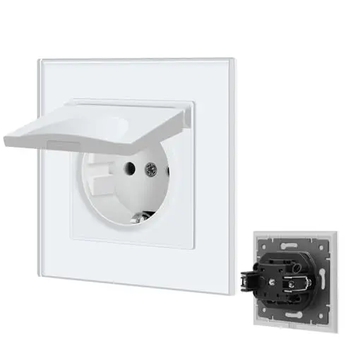 Produktbild: BSEED Steckdose 1 Fach mit Wasserdichter Abdeckung, Schuko Steckdose mit Steckklemme, Unterputz Steckdose mit Kristall Glas Platte, Einzel Steckdose Einbausteckdose 16Amp Wandsteckdose 86mm, Weiß