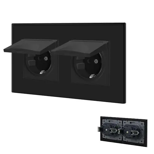 Produktbild: BSEED Steckdose 2 Fach mit Wasserdichter Abdeckung, Schuko Steckdose mit Steckklemme, Unterputz Steckdose mit Kristall Glas Platte, Doppelsteckdose Einbausteckdose 16Amp Wandsteckdose 157mm, Schwarz