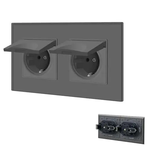 Produktbild: BSEED Steckdose 2 Fach mit Wasserdichter Abdeckung, Schuko Steckdose mit Steckklemme, Unterputz Steckdose mit Kristall Glas Platte, Doppelsteckdose Einbausteckdose 16Amp Wandsteckdose 157mm, Grau