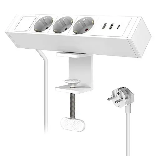 Produktbild: BSEED Tischsteckdose mit USB C Port, Schreibtisch Steckdosenleiste mit Tischklemme, Mehrfachsteckdose mit Schalter, 3 Fach USB Steckdose, Verteilersteckdose, Steckerleiste 1,8m Verlängerungskabel Weiß