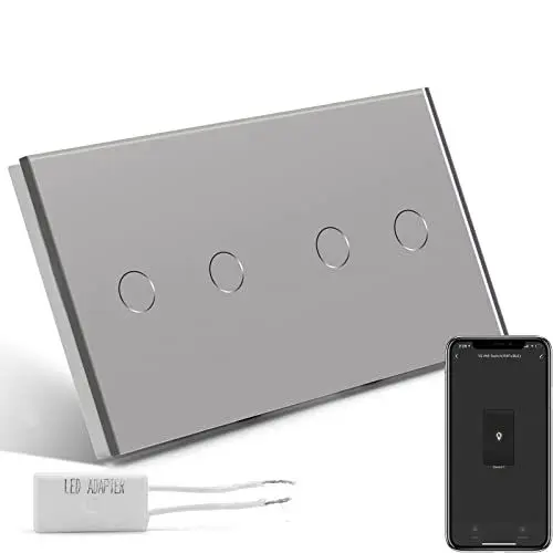Produktbild: BSEED Touch Dimmer 2-Fach 1-Weg (KEIN WLAN) und WIFI-Schalter 2-Fach 1-Weg (Neutralkabel Erforderlich) Smart Alexa Glasscheibe Wandlichtschalter Grau