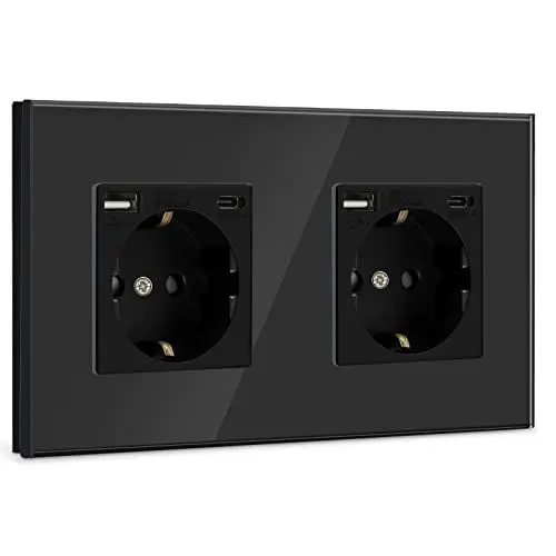 Produktbild: BSEED USB Steckdose Doppel Schwarz Schuko Steckdose mit USB Anschluss (Max. 2.1A) Typ C Port Unterputz Steckdose Glas Schutzkontakt-Steckdose Ladegerät für Handys, Laptops etc