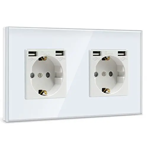 Produktbild: BSEED USB Steckdose Doppel Weiß Schuko Steckdose mit USB Anschluss (Max. 2.1A) Unterputz Steckdose Glas Schutzkontakt-Steckdose Ladegerät für Handys, Laptops etc