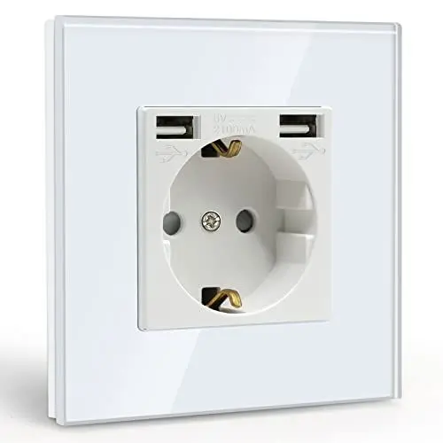 Produktbild: BSEED USB Steckdose Weiß Schuko Steckdose mit USB Anschluss (Max. 2.1A) Unterputz Steckdose Glas Schutzkontakt-Steckdose Ladegerät für Handys, Laptops etc