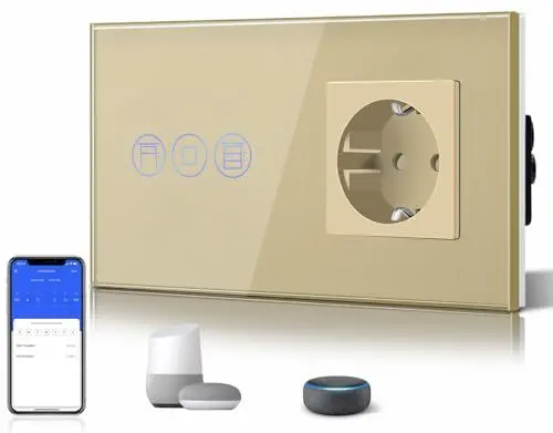 Produktbild: BSEED WiFi Smart Alexa Rollen Schalter mit Normal Steckdose, Kompatibel mit Google Home Tuya, Glas Touchscreen-schalter Wlan Jalousien Schalter (Neutrale Leitung Benötigt) Gold