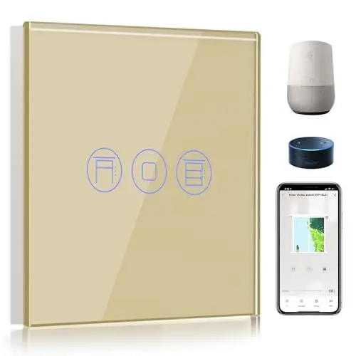 Produktbild: BSEED WiFi Smart Rolladenschalter, Fernbedienung und Timer-Funktion mit Smart Life/Tuya APP, arbeitet mit Alexa Echo und Google Home, WiFi Jalousieschalter mit Touch Panel Golden