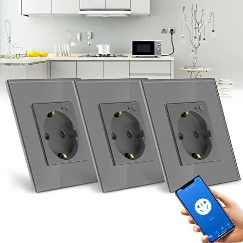 Produktbild: BSEED Wifi Smart Steckdose,arbeitet mit Amazon Alexa,Google Home,Timing-Funktion und APP-Steuerung,1 Fach Schuko Steckdose Grau,Unterputz Glas Intelligente Steckdose-auf NUR 2.4 GHz Netzwerk(3 Pack)