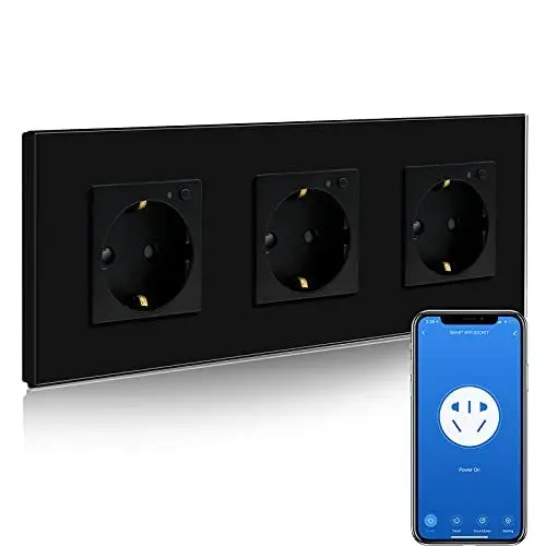 Produktbild: BSEED Wifi Smart Steckdose,arbeitet mit Amazon Alexa,Google Home,Timing-Funktion und APP-Steuerung,3 Fach Schuko Steckdose Schwarz,Unterputz Glas Intelligente Steckdose-auf NUR 2.4 GHz Netzwerk
