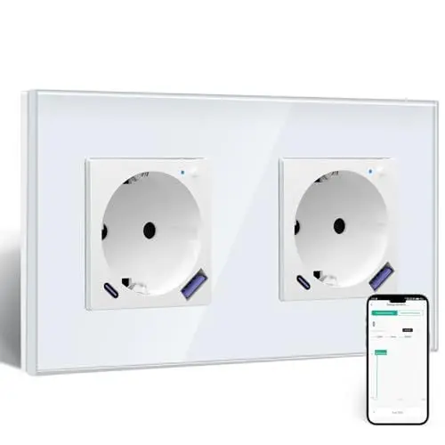 Produktbild: BSEED Wlan Schuko Steckdose mit USB C 20W Schnellladegerät,Smart Steckdose Unterputz mit Strommessung,Arbeit mit Alexa/Google Home,Stromzähler für Doppelsteckdose mit Smart Life App,2 Fach 157mm Weiß