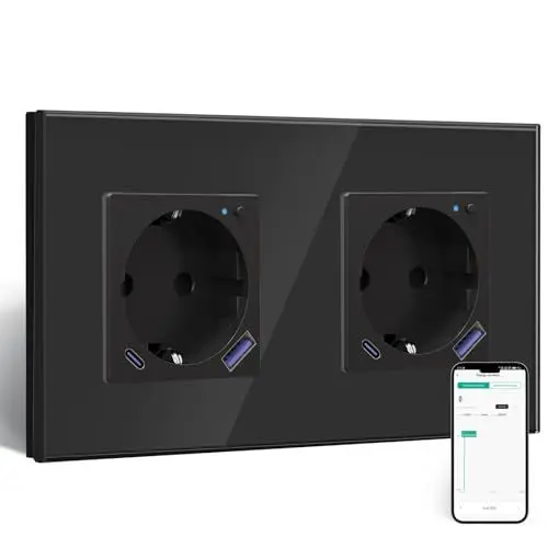 Produktbild: BSEED Wlan Schuko Steckdose mit USB C 20W Schnellladegerät,Smart Steckdose Unterputz mit Strommessung,Arbeit mit Alexa/Google Home,Stromzähler für Doppelsteckdose mit Smart Life App,2 Fach Schwarz