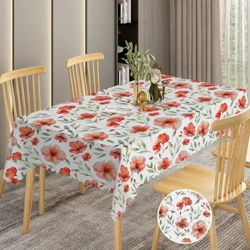 Produktbild: BSGIFT Tischdecke Floral Rechteckig 140x180 cm, Rote Blumen Garten Tischdecken für Draußen Polyester Outdoor Abwaschbar Gartentischdecke Eckig Wetterfest Table Cloth für Küche Garten Gartentisch Party