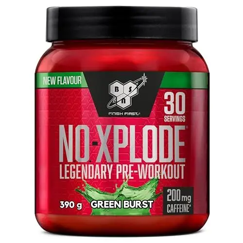 Produktbild: BSN Nutrition N.O.-Xplode Pre-Workout Pulver Nahrungsergänzungsmittel, mehr Energie und Konzentration mit Koffein, Aminosäuren, Vitamin C und Zink, Geschmacksrichtung Green Burst, 30 Portionen, 390 g