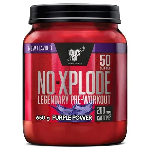Produktbild: BSN Nutrition N.O.-Xplode Pre-Workout Pulver Nahrungsergänzungsmittel, mehr Energie und Konzentration mit Koffein, Aminosäuren, Vitamin C und Zink, Geschmacksrichtung Purple Power, 50 Portionen, 650 g