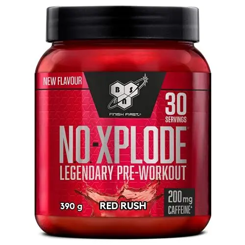 Produktbild: BSN Nutrition N.O.-Xplode Pre-Workout Pulver Nahrungsergänzungsmittel, mehr Energie und Konzentration mit Koffein, Aminosäuren, Vitamin C und Zink, Geschmacksrichtung Red Rush, 30 Portionen, 390 g