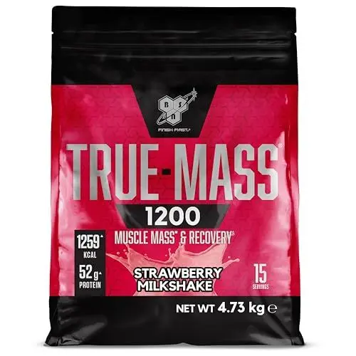 Produktbild: BSN True Mass 1200, Mass Gainer Proteinpulver mit Molkenisolat und Kohlenhydraten, Gewichts- und Muskelaufbau und Erholung nach dem Training, Erdbeer-Milchshake, 15 Portionen, 4,8 kg