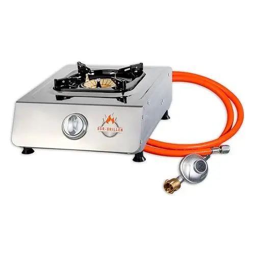 Produktbild: BSR-Grillen Gaskocher Edelstahl Campingkocher mit 5 kW Leistung, Piezozündung, Zündsicherung, 150 cm Gasschlauch, Druckminderer 50 mbar, Pfannenständer aus Emaille (1-flammig)